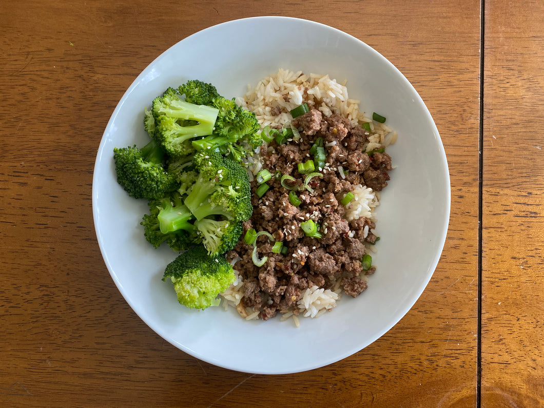 Korean Beef Bowl with Jasmine Rice, Quinoa or Cauliflower Rice and Broccoli or Peas (MONDAY DELIVERY)